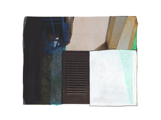 Abstract art piece with geometric shapes in blue, green, white, and black.