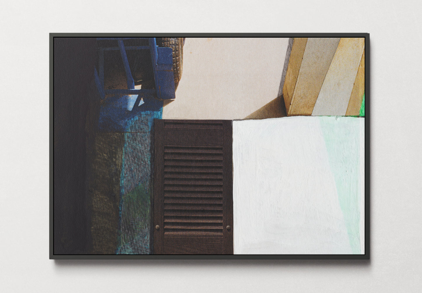 Framed canvas print of abstract art with geometric shapes in blue, green, white, and black.
