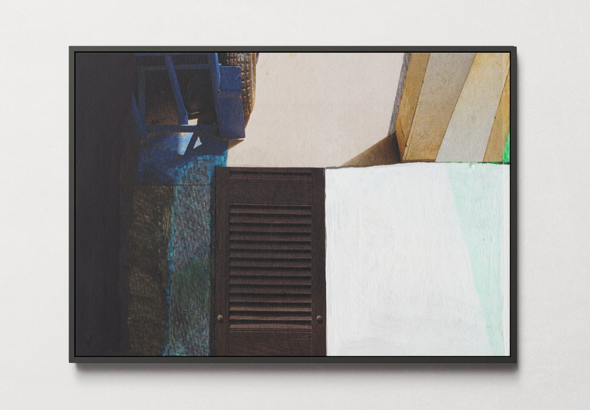 Framed canvas print of abstract art with geometric shapes in blue, green, white, and black.
