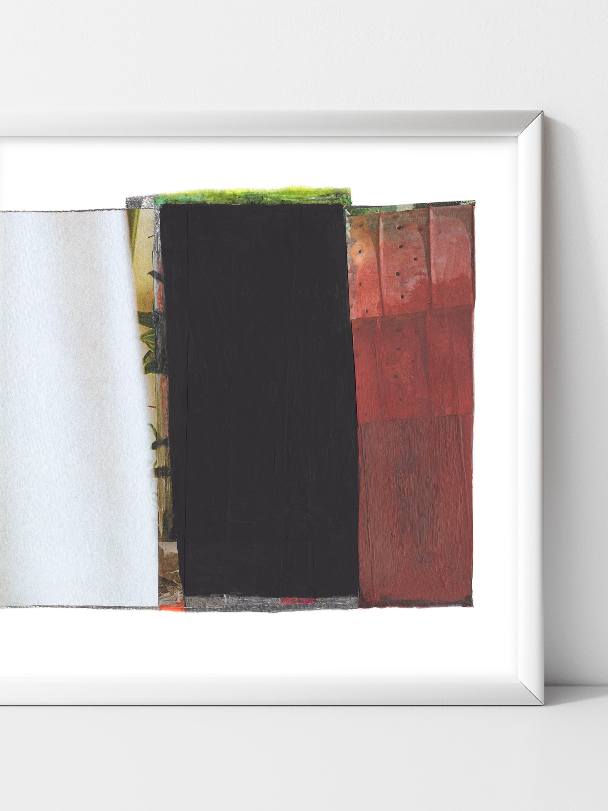 Red, white, and black abstract mixed media collage art with textures in a white frame.