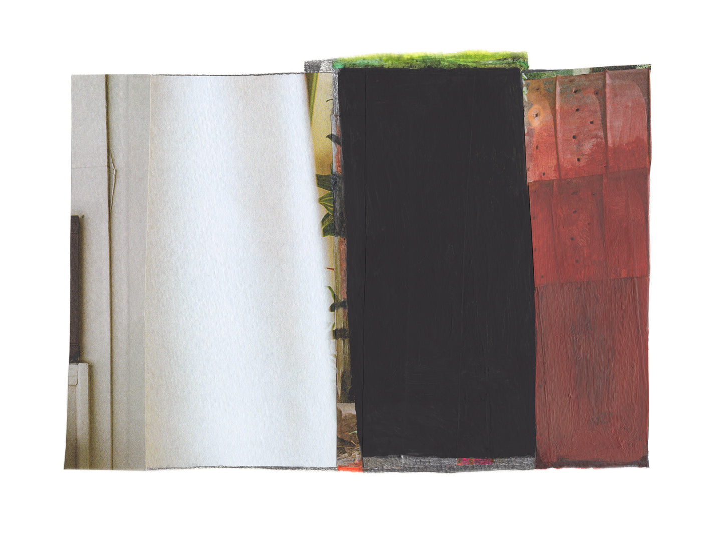 Red, white, and black abstract mixed media collage art with textures.