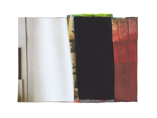 Red, white, and black abstract mixed media collage art with textures.