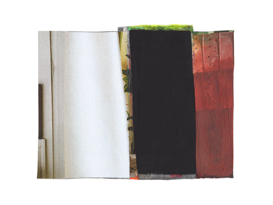 Red, white, and black abstract mixed media collage art with textures.