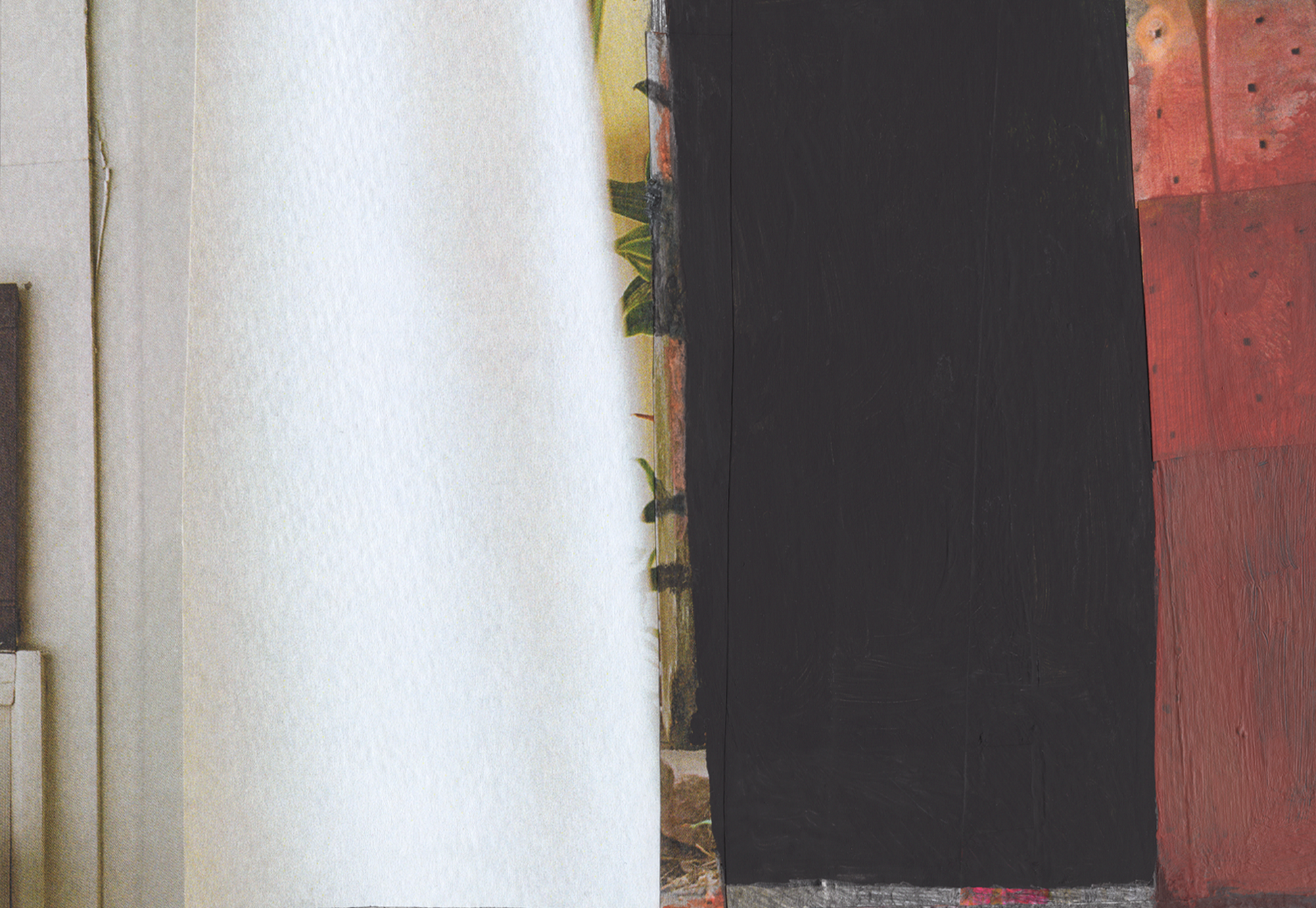 Detail of mixed media collage with rusty red, black, and white layers.