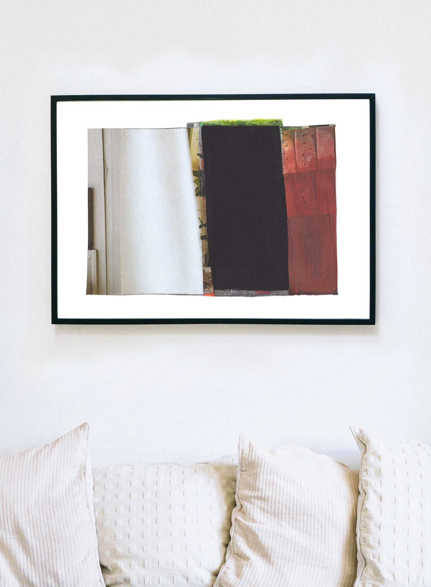 Red, white, and black abstract mixed media collage art with textures in a black frame.