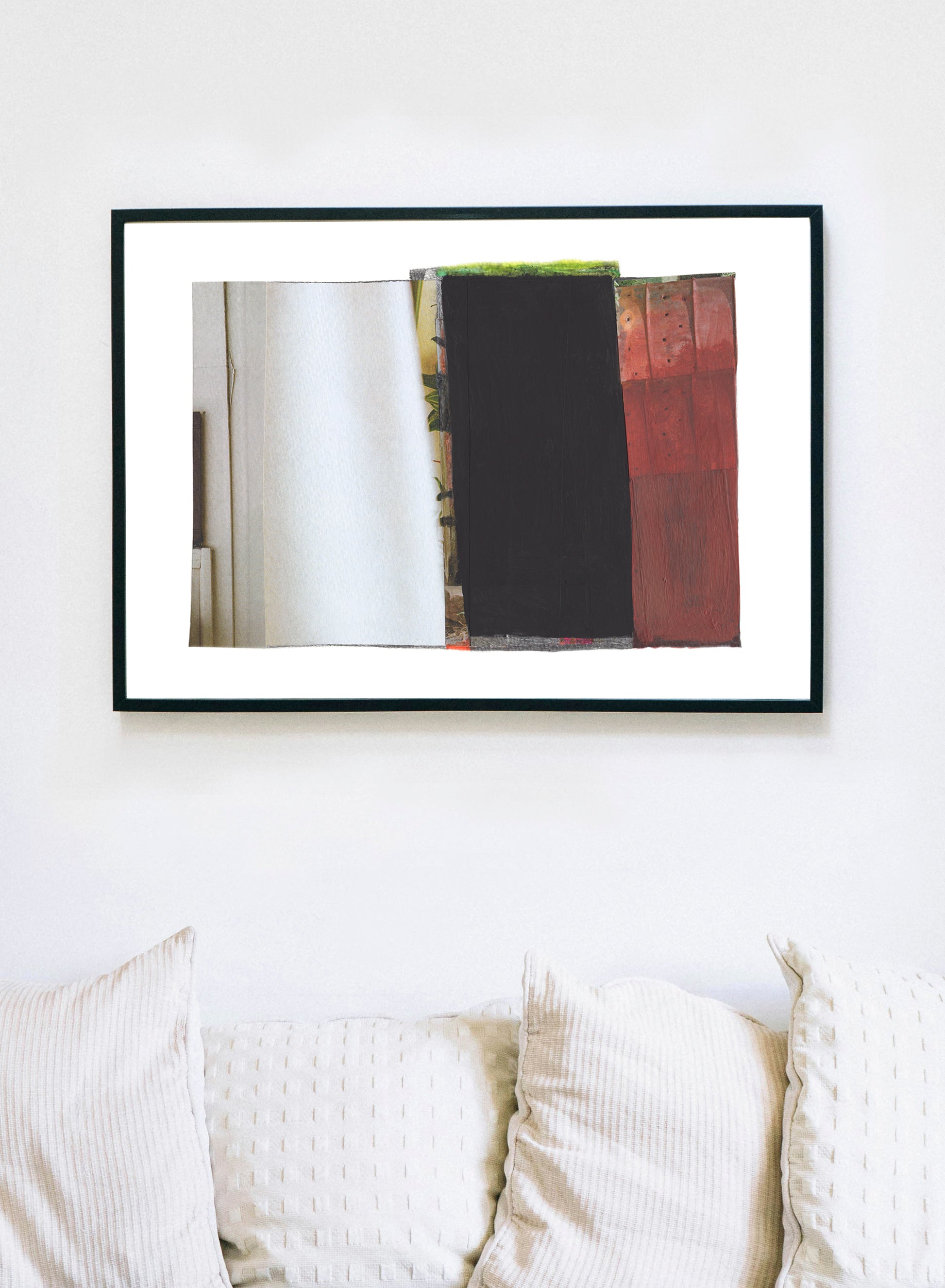 Red, white, and black abstract mixed media collage art with textures in a black frame.