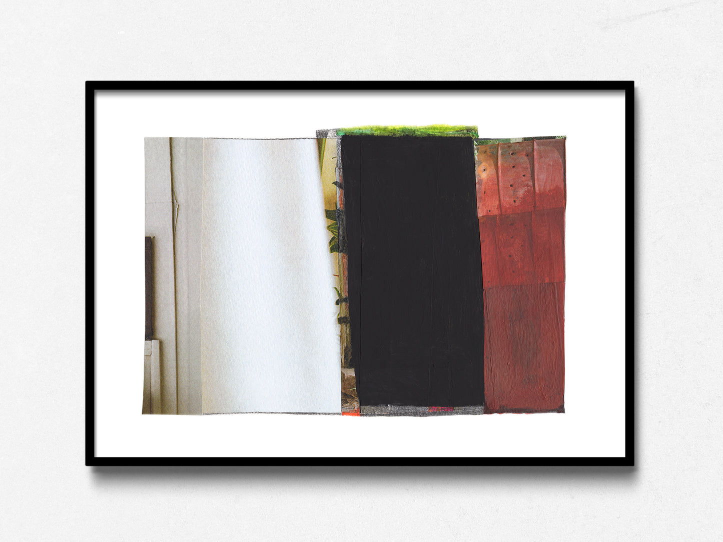 A framed abstract art print featuring vertical textured panels in white, black, and reddish-brown, presented in a black frame with a white mat against a light gray wall.
