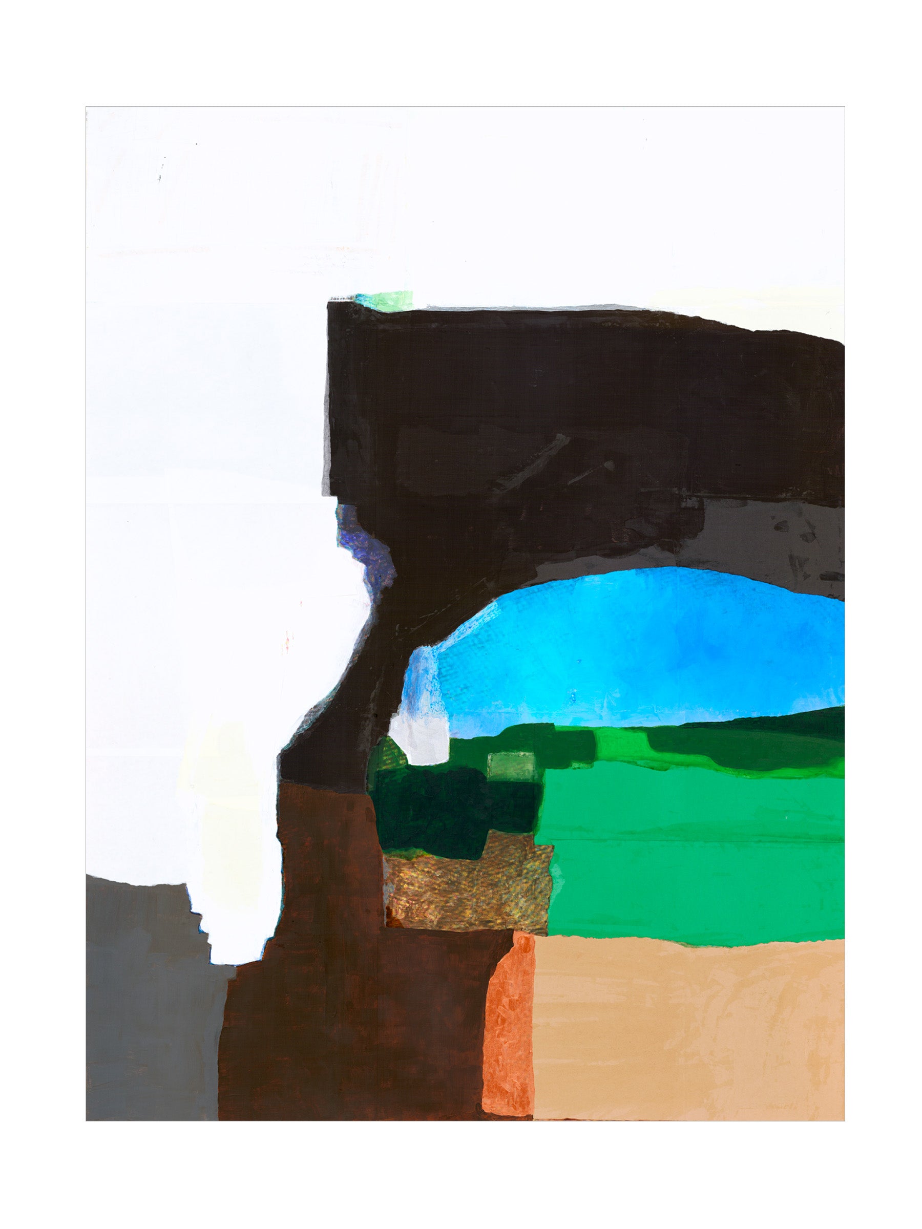 Abstract painting with blue, green, brown, black and white. 