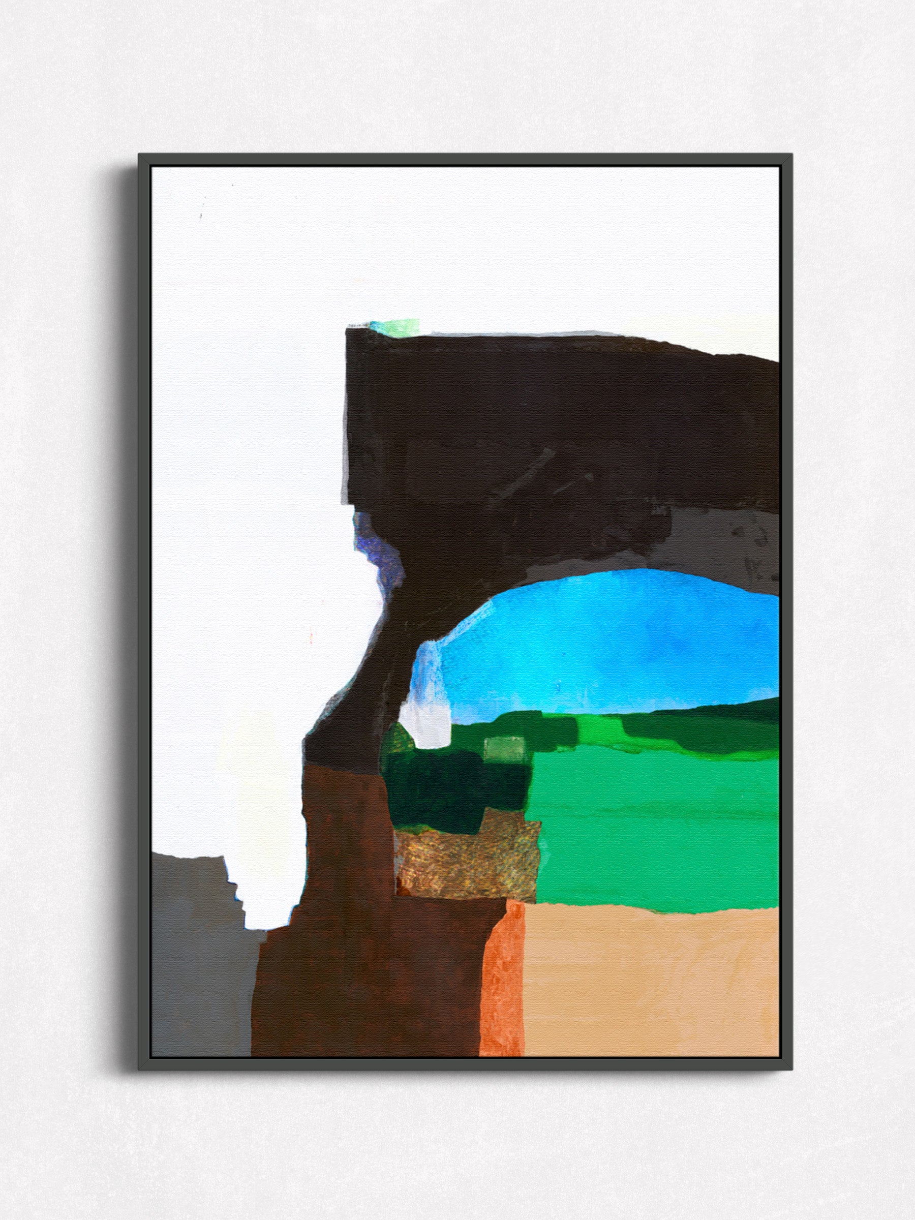 Framed abstract landscape painting with blue, green, brown, black and white. 