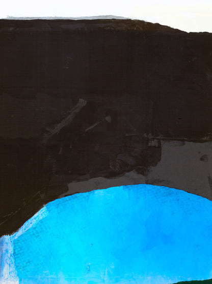 Abstract art piece with black and blue elements on a white background