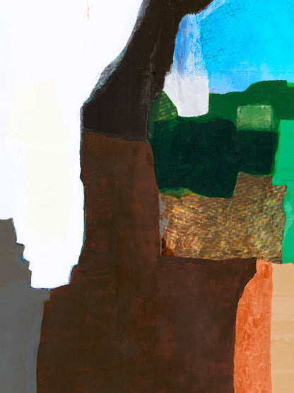 Abstract art with a mix of brown, green, and blue colors.