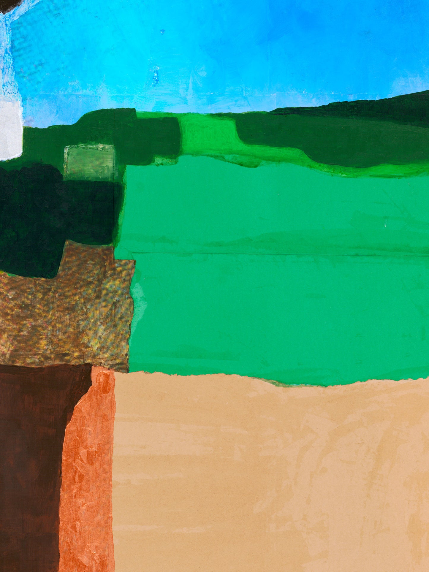Abstract painting detail with green, blue, brown, and orange colors