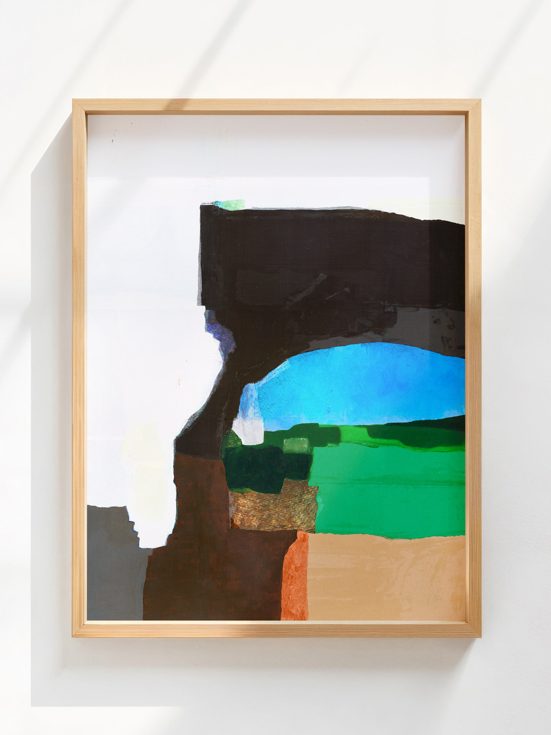 Abstract painting with blue, green, brown, black and white in a wood frame.