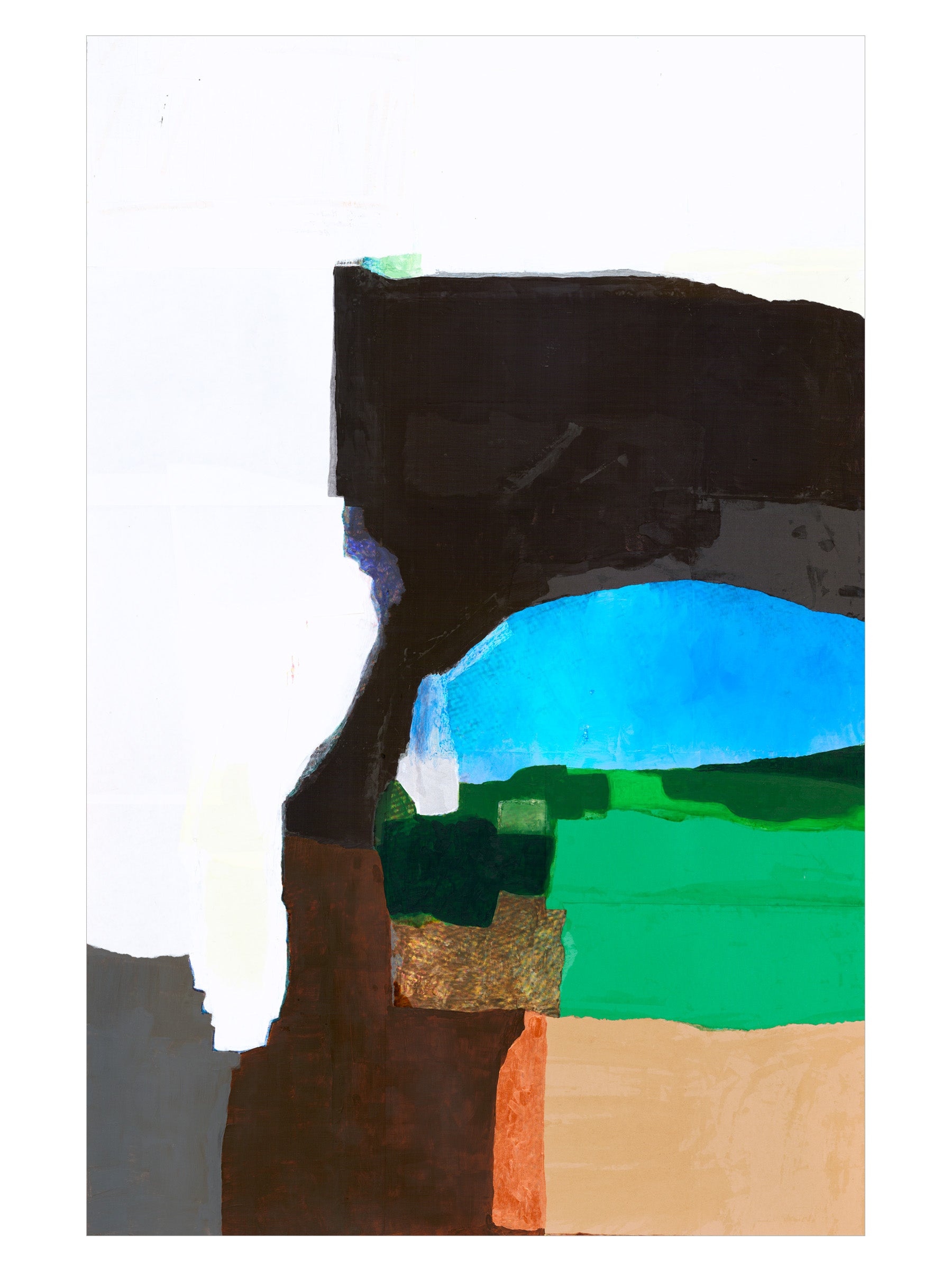 Abstract painting with blue, green, brown, black and white. 