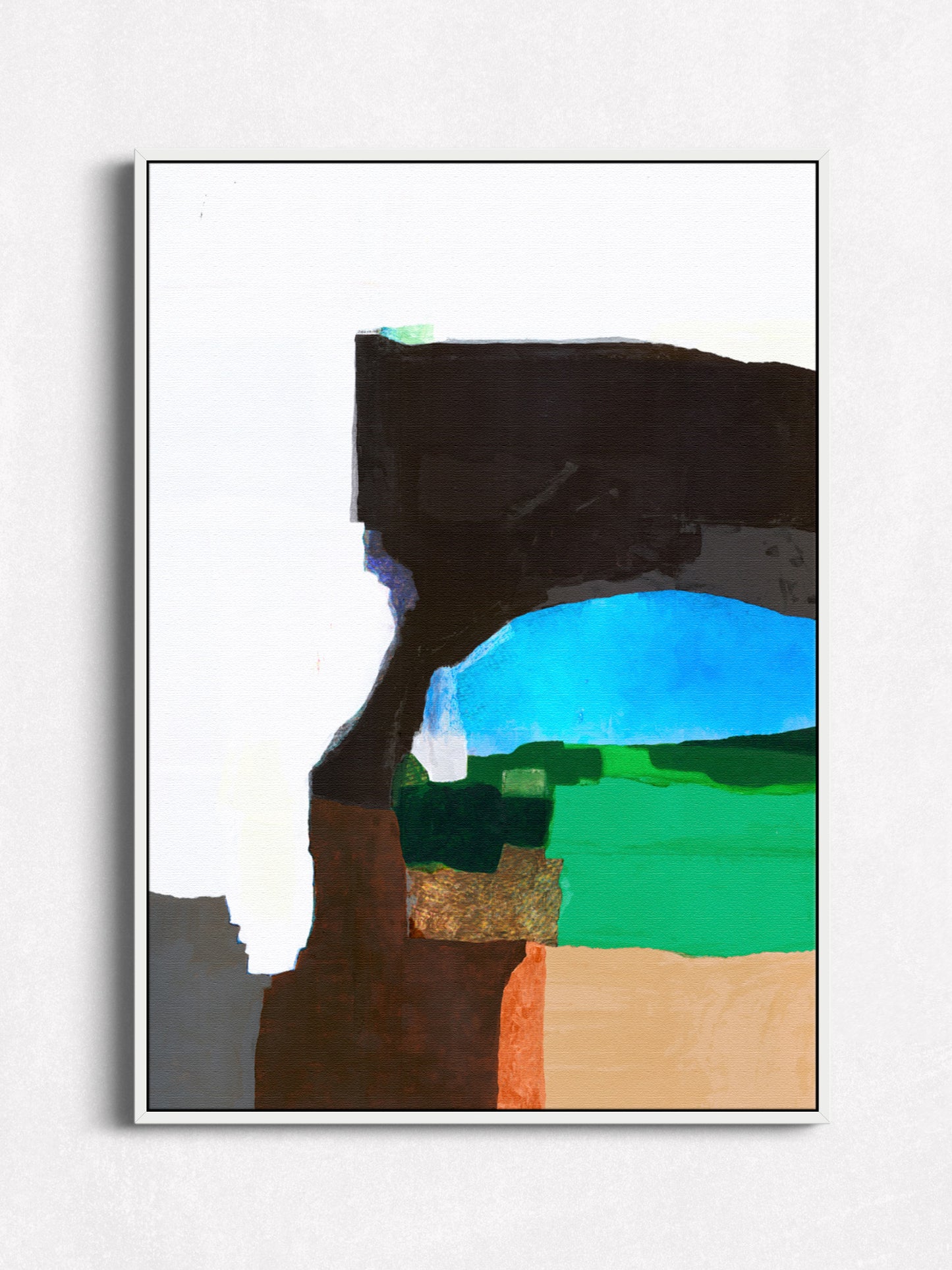 Abstract landscape painting with blue, green, brown, black and white in white floater frame.