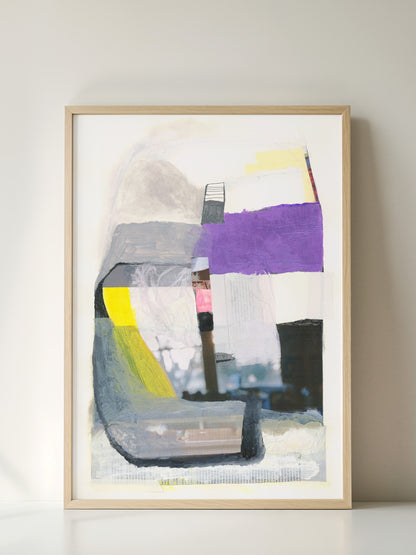 Interlude original abstract mixed media art by Libby Saylor in natural wood frame leaning against white wall