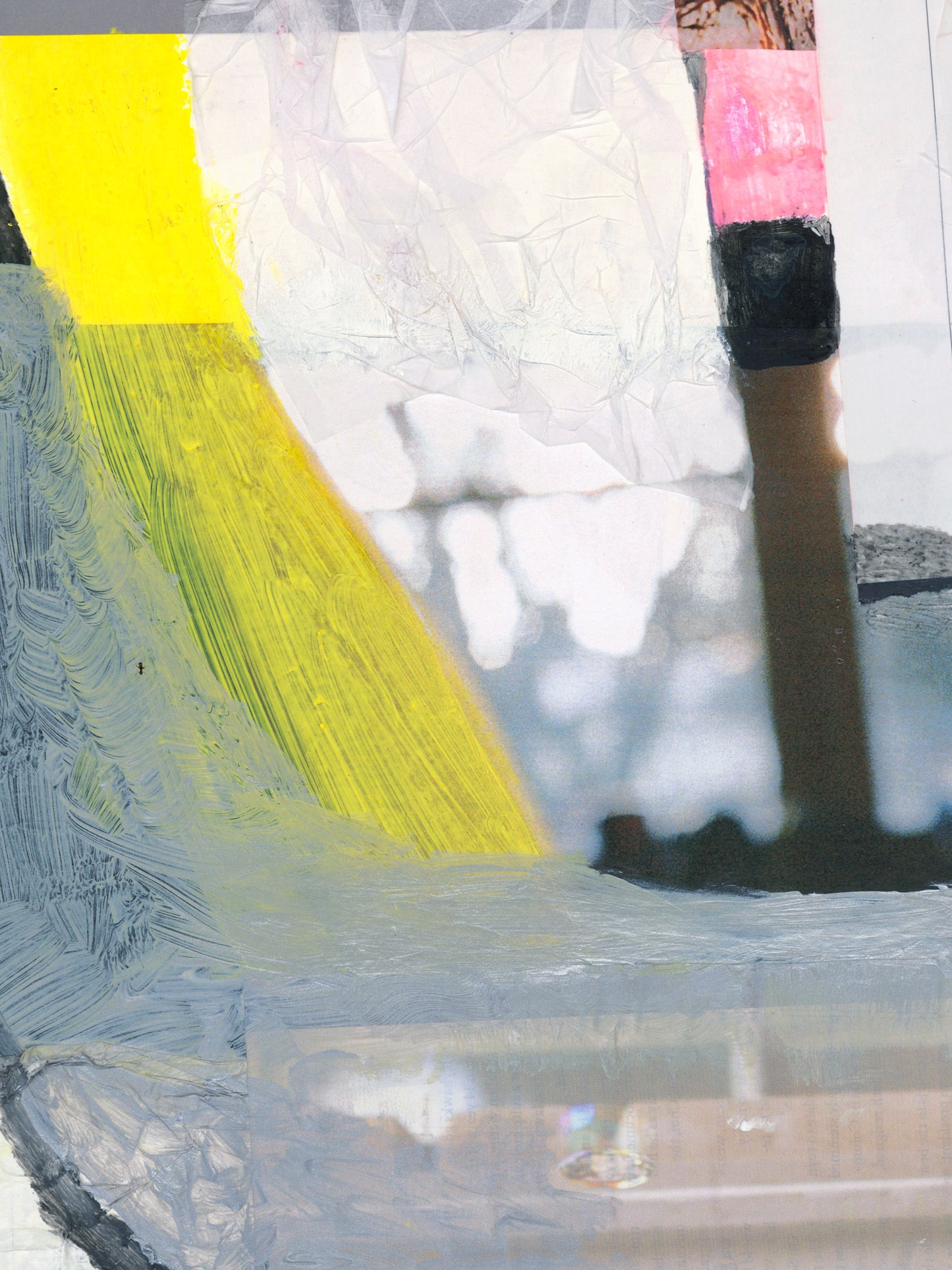 Close-up detail of abstract painting with acid yellow acrylic sweep, layered tissue paper, and gestural gray brushwork