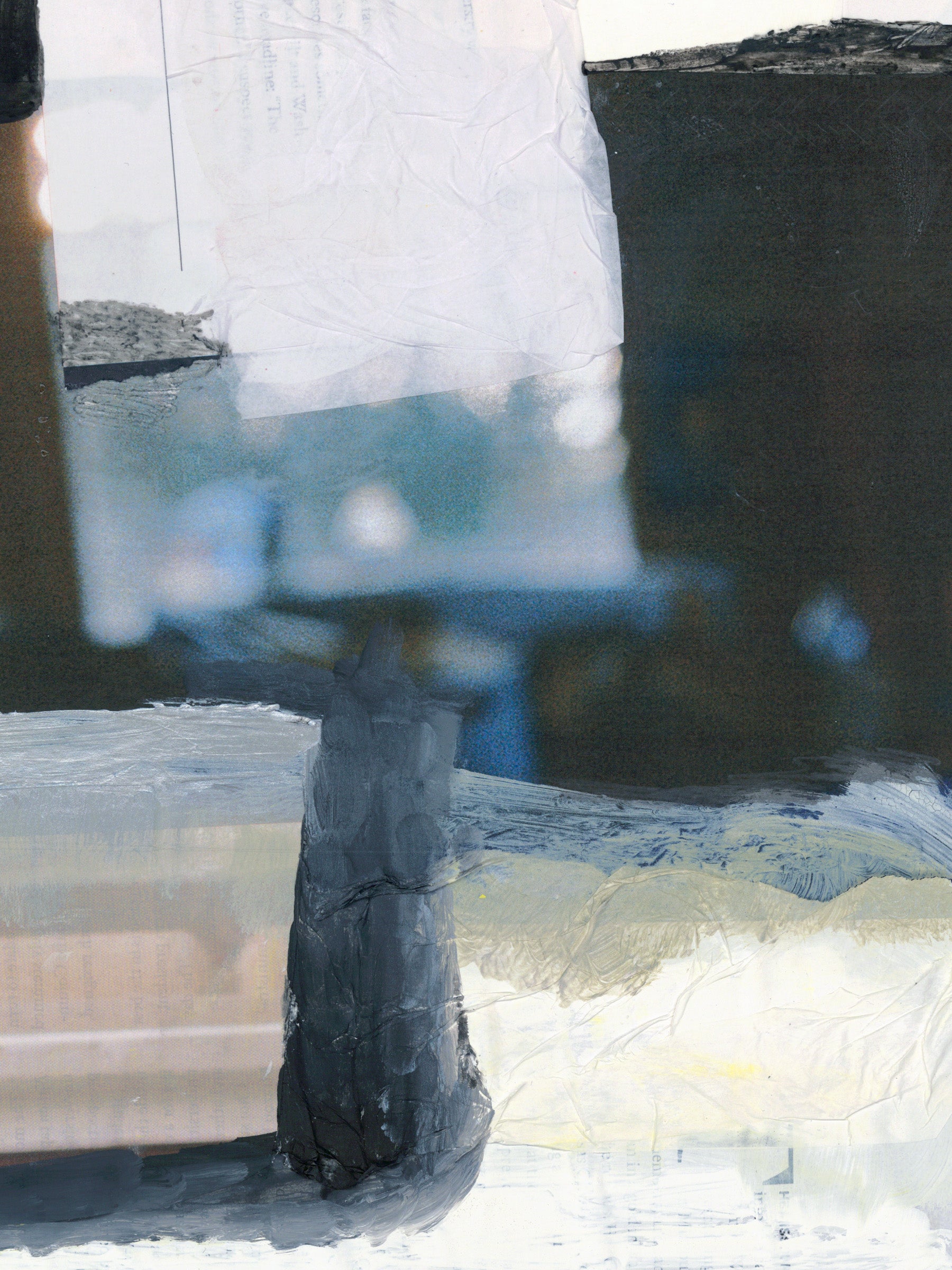 Detail of abstract artwork with dark graphite vertical form over translucent blue wash and collaged paper layers