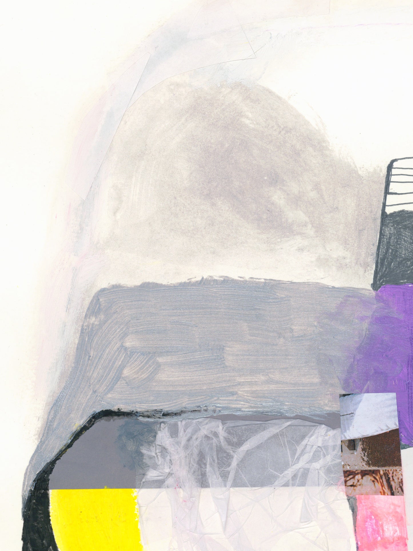 Detail of abstract painting with soft gray painted arch, purple acrylic block, and yellow collage fragment
