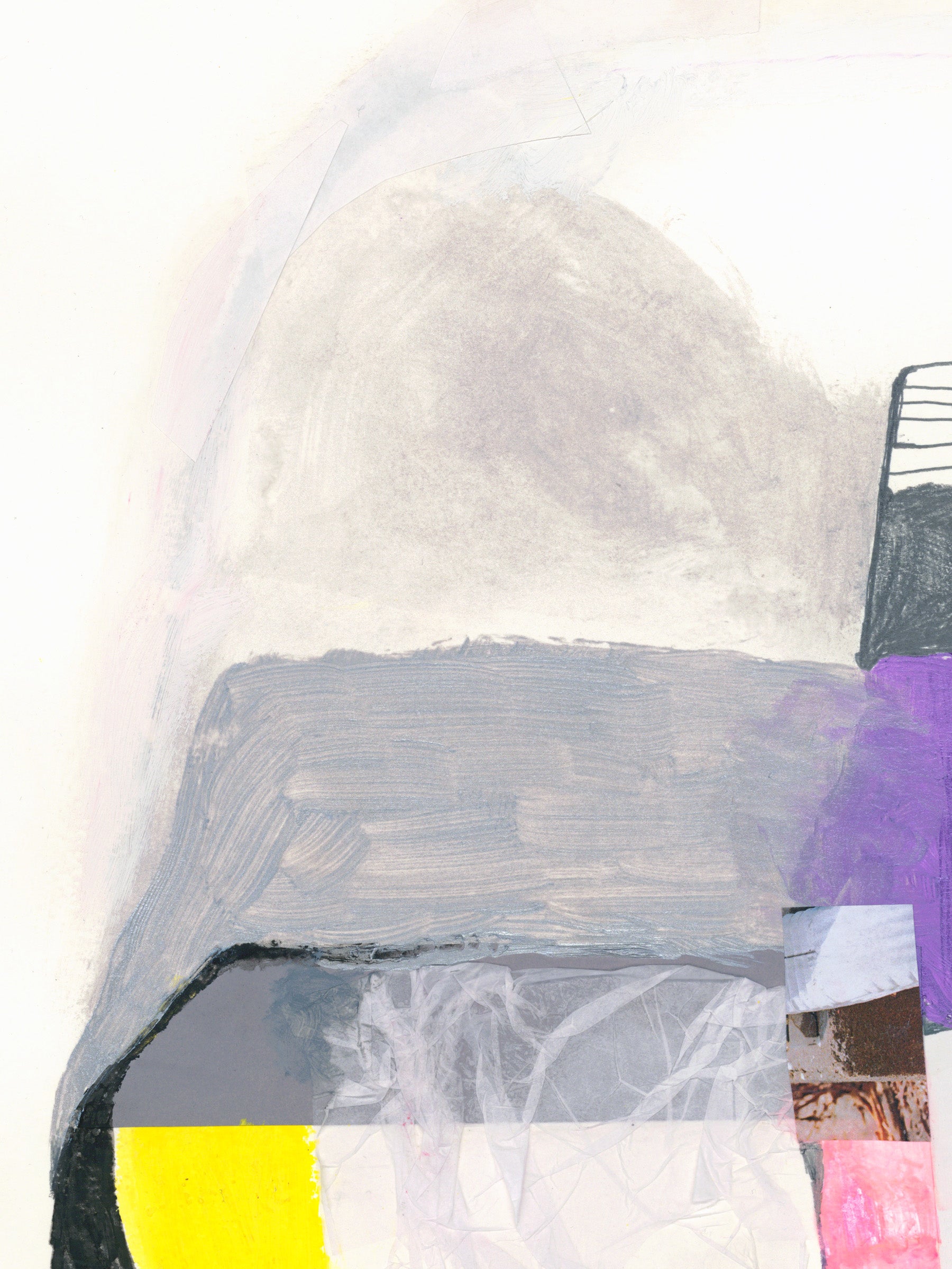 Detail of abstract painting with soft gray painted arch, purple acrylic block, and yellow collage fragment