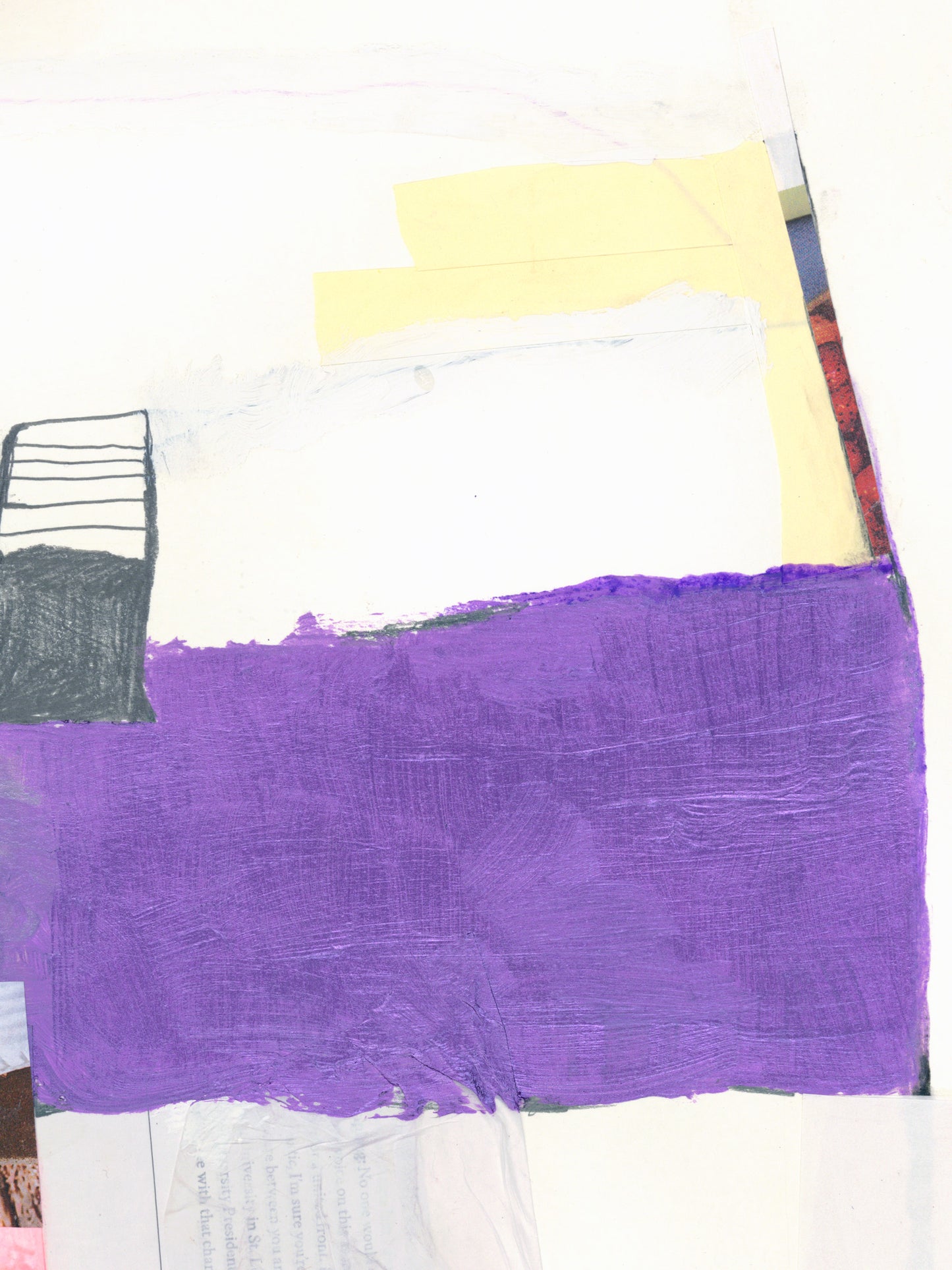 Close-up of abstract work on paper with textured violet acrylic field and layered found paper collage elements