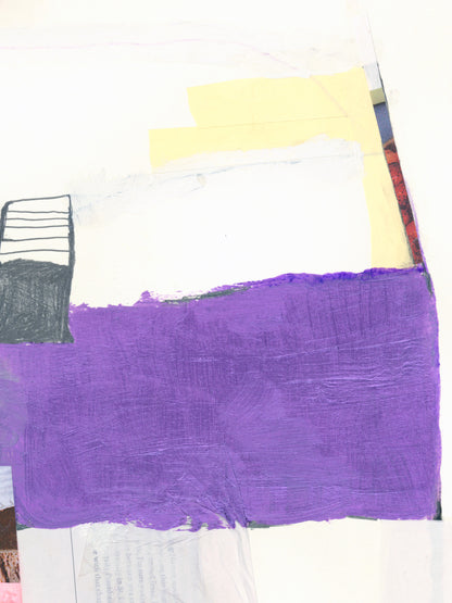 Close-up of abstract work on paper with textured violet acrylic field and layered found paper collage elements