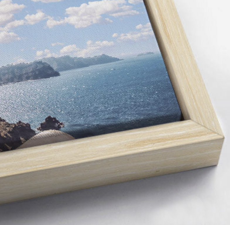 Natural wood frame with wrapped canvas detail