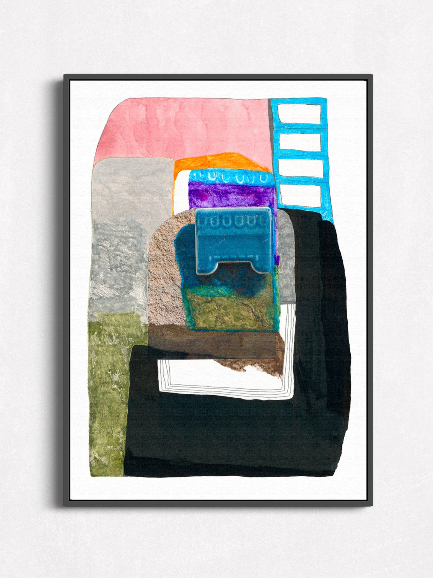 Abstract art piece with geometric shapes and vibrant colors on a white background in a black floater frame.