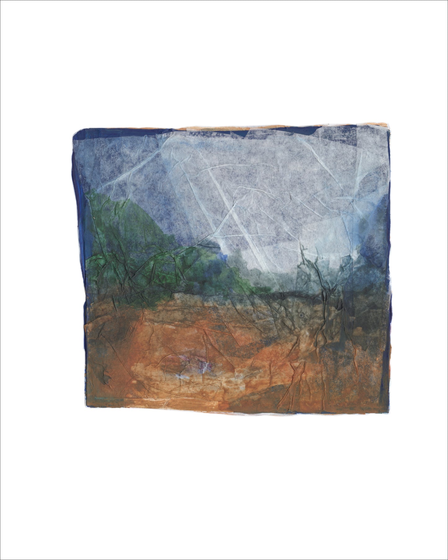 Abstract collage artwork with layered translucent paper, soft creases, and muted tones of blue, rust, and beige. The composition evokes a dreamlike landscape with a quiet, weathered texture. 