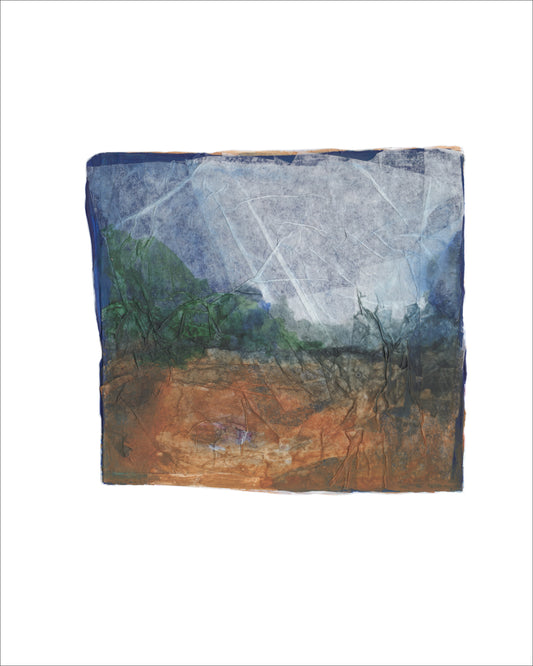 Abstract collage artwork with layered translucent paper, soft creases, and muted tones of blue, rust, and beige. The composition evokes a dreamlike landscape with a quiet, weathered texture. 