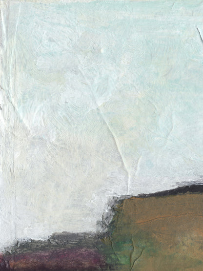 An abstract painting with a textured, impasto surface featuring a large pale blue and white upper field, a dark brown and green lower right block, and a small purple area at the bottom left.