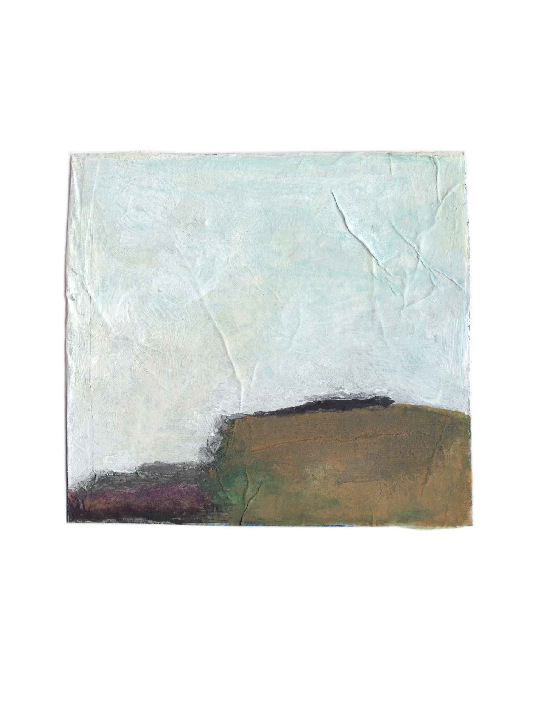 An abstract landscape painting featuring a textured, crinkled paper background with a pale blue sky and a brown earthy hill in the lower half.