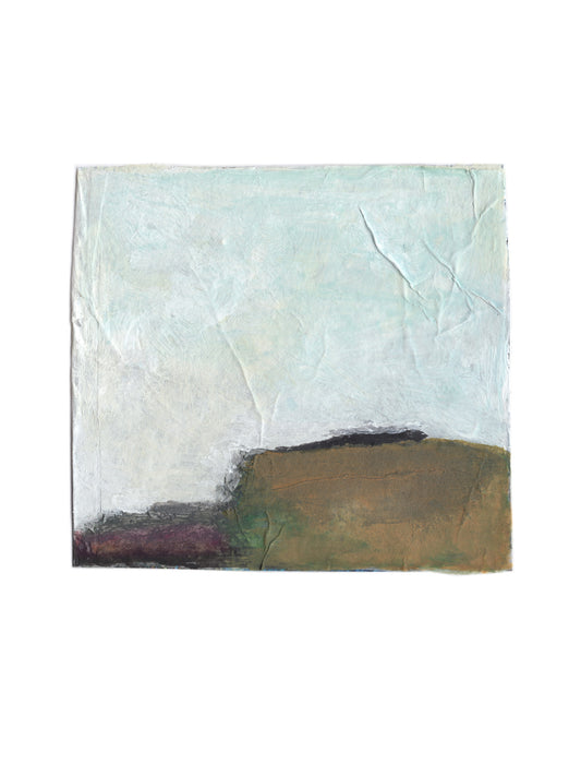 An abstract landscape painting featuring a textured, crinkled paper background with a pale blue sky and a brown earthy hill in the lower half.