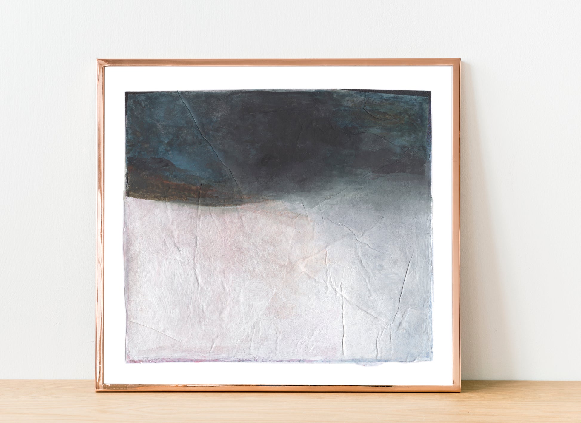 Paper Dream 6 - a soft abstract landscape art print by Libby Saylor in blue, black and white tones.