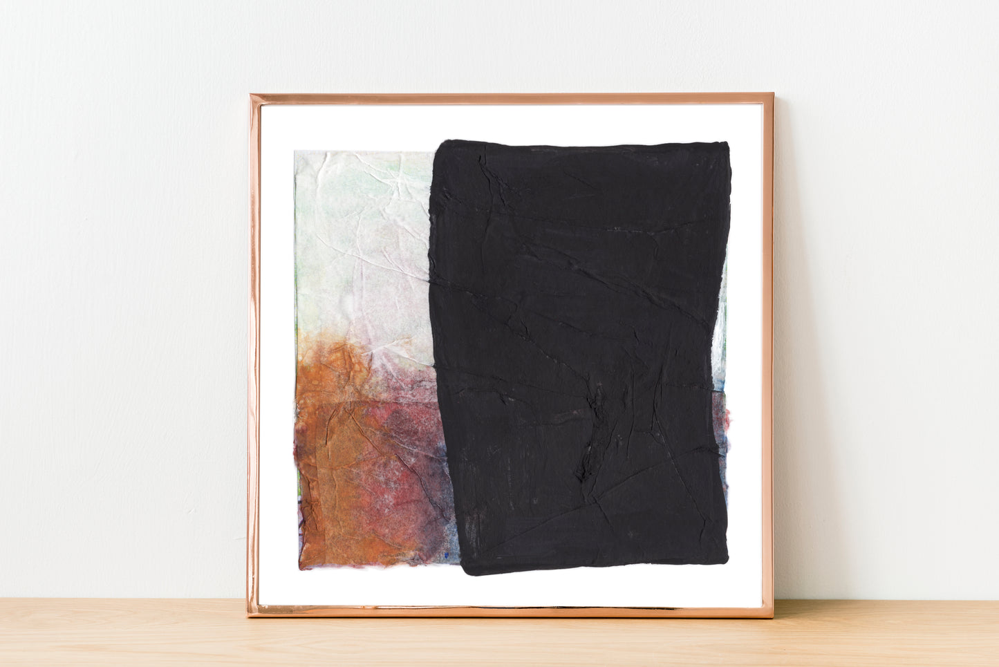 Paper Dream 9 - a bold and textural abstract art print by Libby Saylor featuring black as the prominent color with subtle hints of oranges, rusts, reds, and purples around the edges, perfect for minimal interiors.