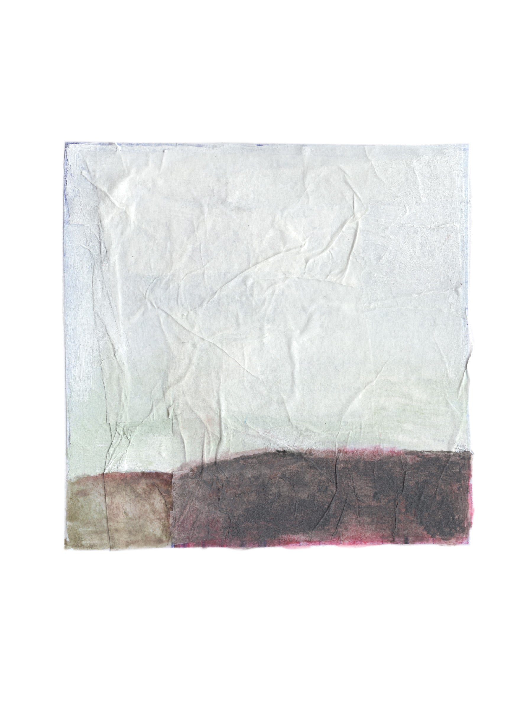 A square abstract art print featuring a textured off-white upper section and a dark charcoal-brown lower band with a subtle pinkish tint on the right edge, shown against a plain white background.