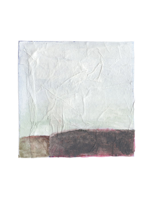 A square abstract art print featuring a textured off-white upper section and a dark charcoal-brown lower band with a subtle pinkish tint on the right edge, shown against a plain white background.