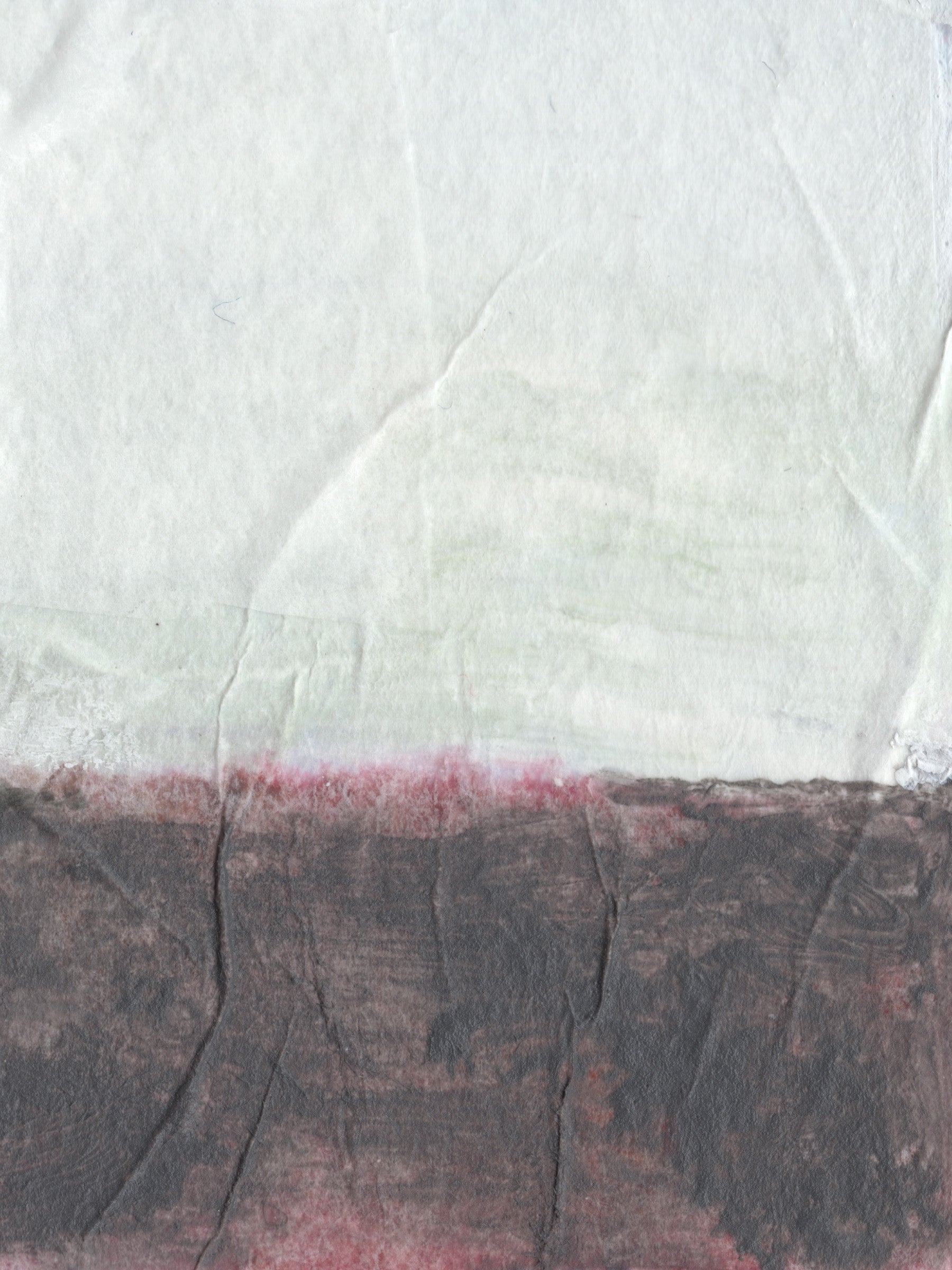 An abstract textured artwork featuring a large off-white upper section, a dark charcoal-brown lower section, and a thin horizontal band of muted pinkish-red between the two sections.