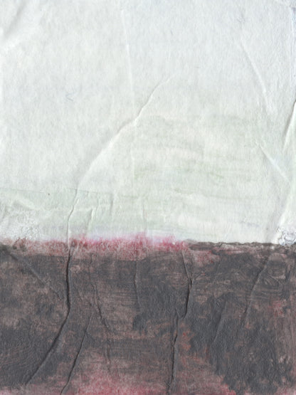An abstract textured artwork featuring a large off-white upper section, a dark charcoal-brown lower section, and a thin horizontal band of muted pinkish-red between the two sections.