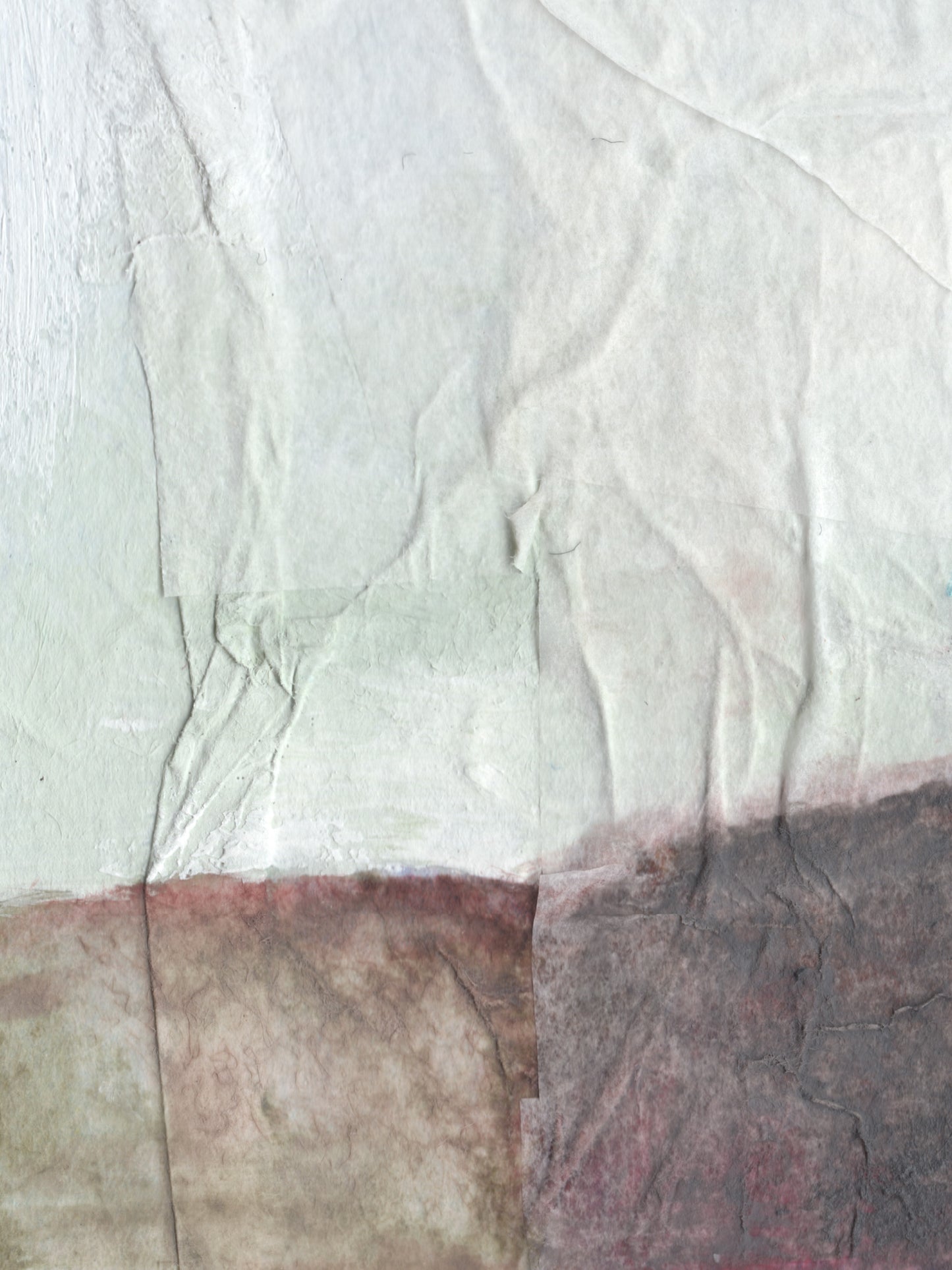 Abstract textured artwork featuring a large off-white and pale green upper section with visible paper or fabric-like creases, divided by a dusty pink-brown band from the bottom left toward the center-right, with a dark charcoal-brown textured area on the bottom right.