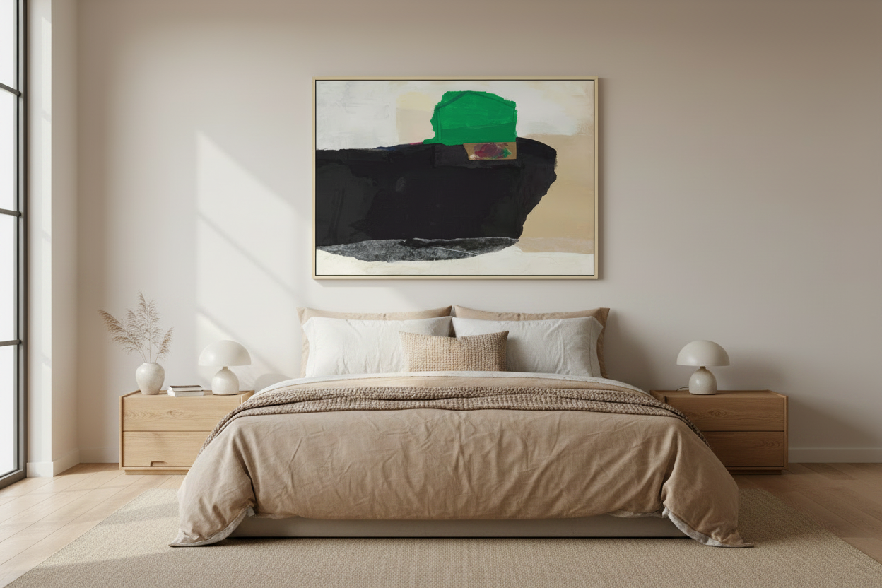 A modern bedroom featuring a large abstract wall art print with black, green, and beige brushstrokes, hung above a neatly made bed with beige linens and white pillows.