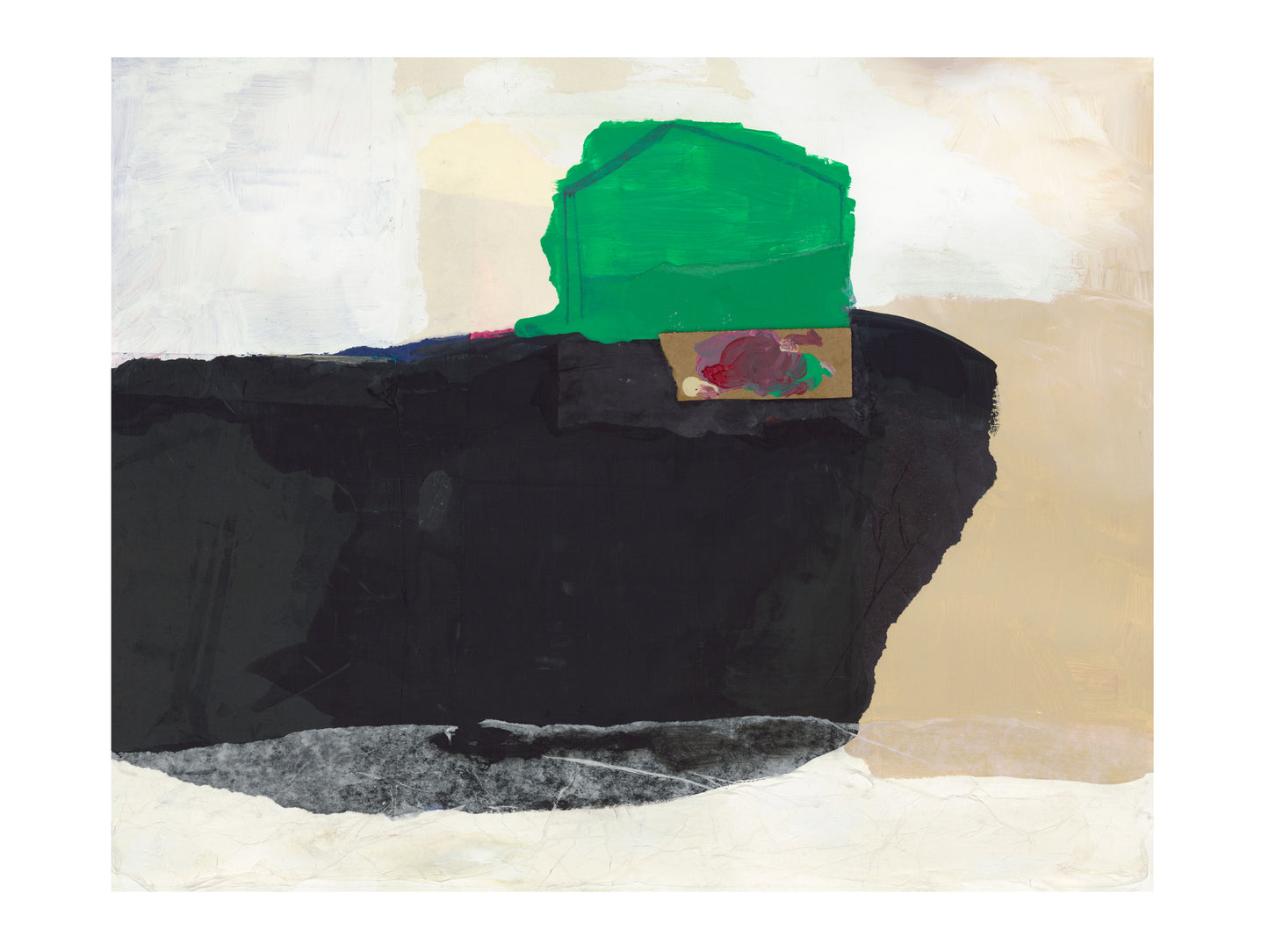 An abstract mixed-media painting featuring a large black block, a bright green shape on top, a small red and gold detail, and a textured beige and off-white background.
