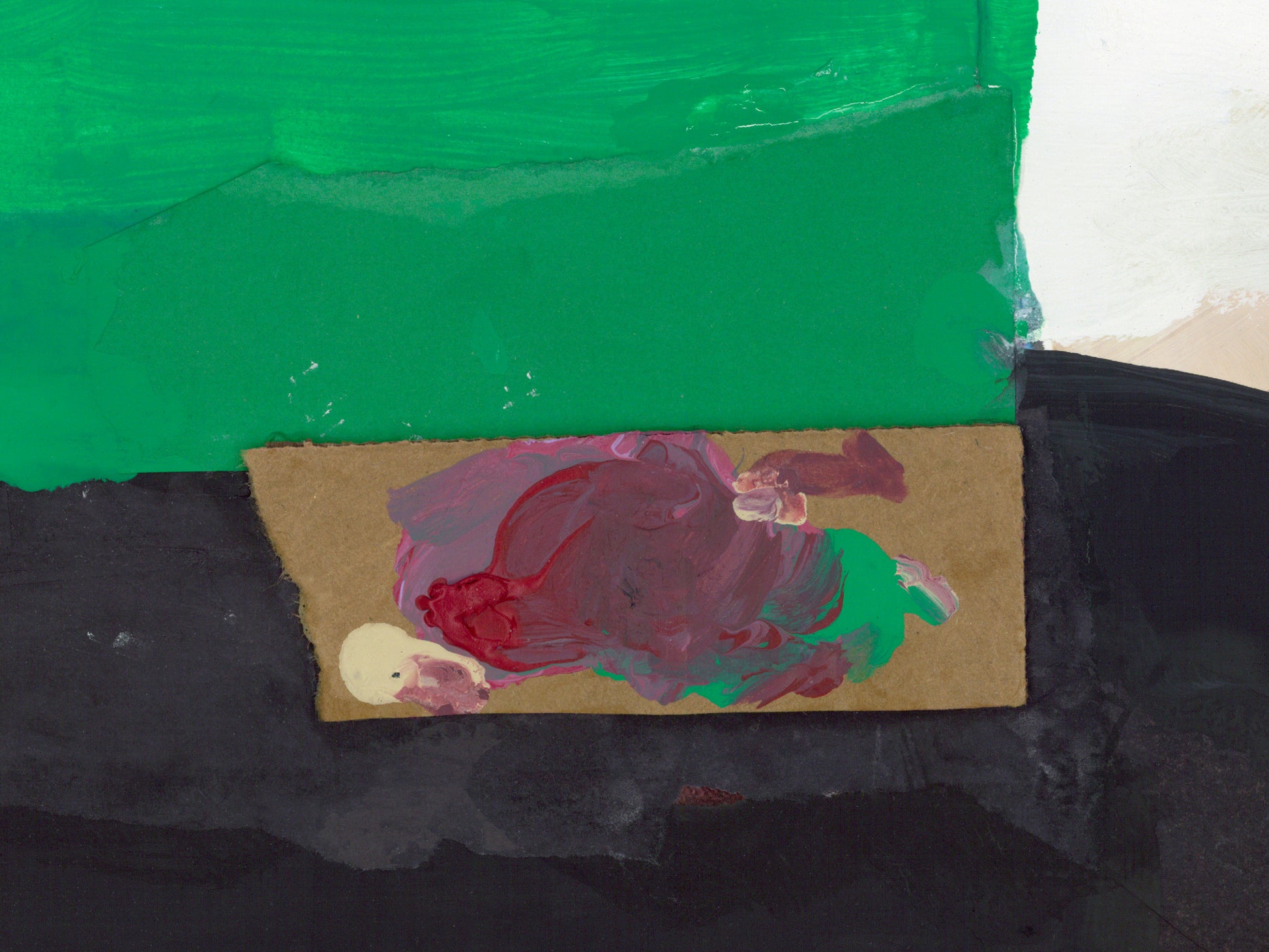 Abstract painting with thick brushstrokes in green, black, white, and brown, featuring a central textured area with red, purple, and green paint on a brown base.