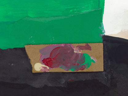Abstract painting with thick brushstrokes in green, black, white, and brown, featuring a central textured area with red, purple, and green paint on a brown base.