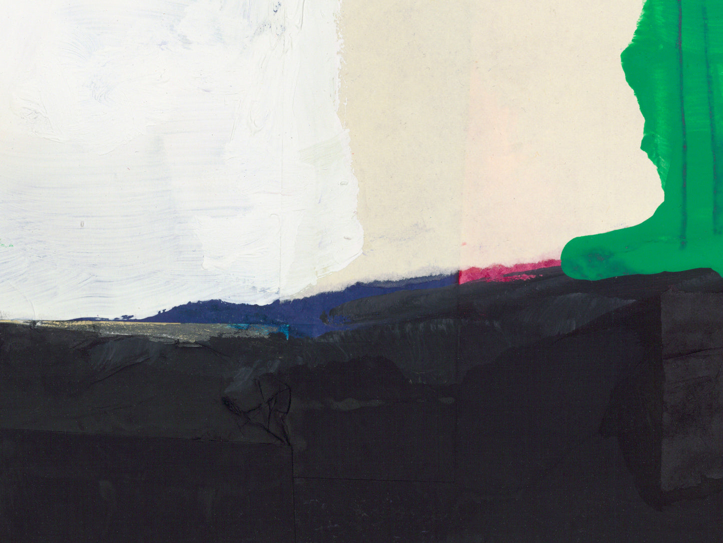 Abstract painting with broad blocks of off-white, cream, green, black, and dark blue, plus a small pink accent.