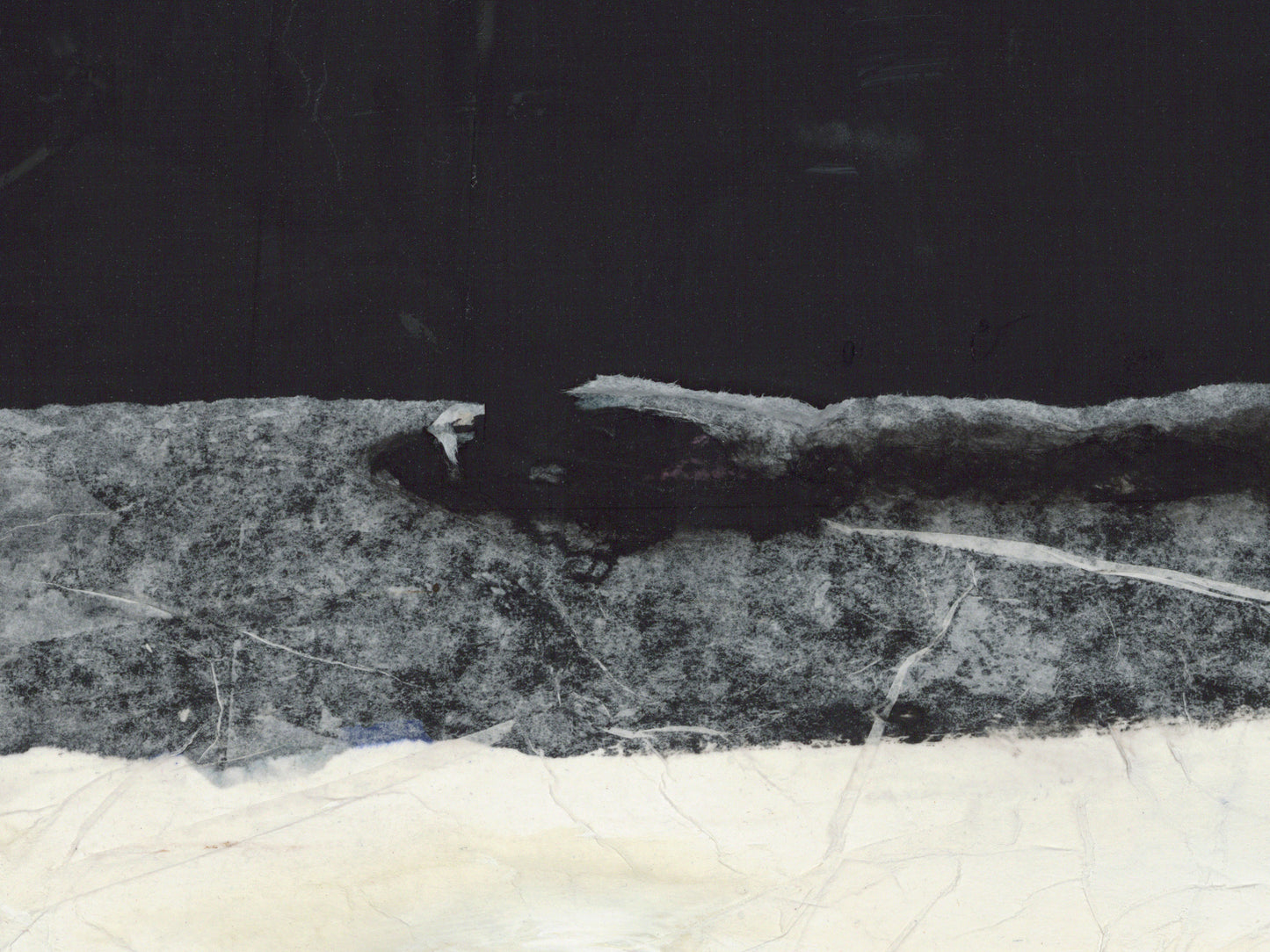 An abstract textured painting featuring a thick horizontal band of dark charcoal gray and black in the upper-middle section, with a light cream and off-white textured lower section.