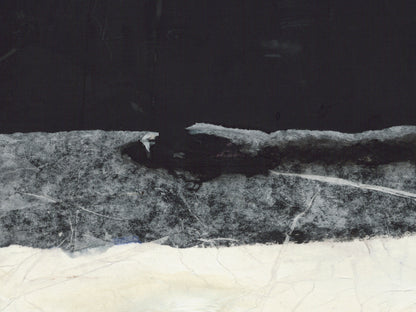 An abstract textured painting featuring a thick horizontal band of dark charcoal gray and black in the upper-middle section, with a light cream and off-white textured lower section.