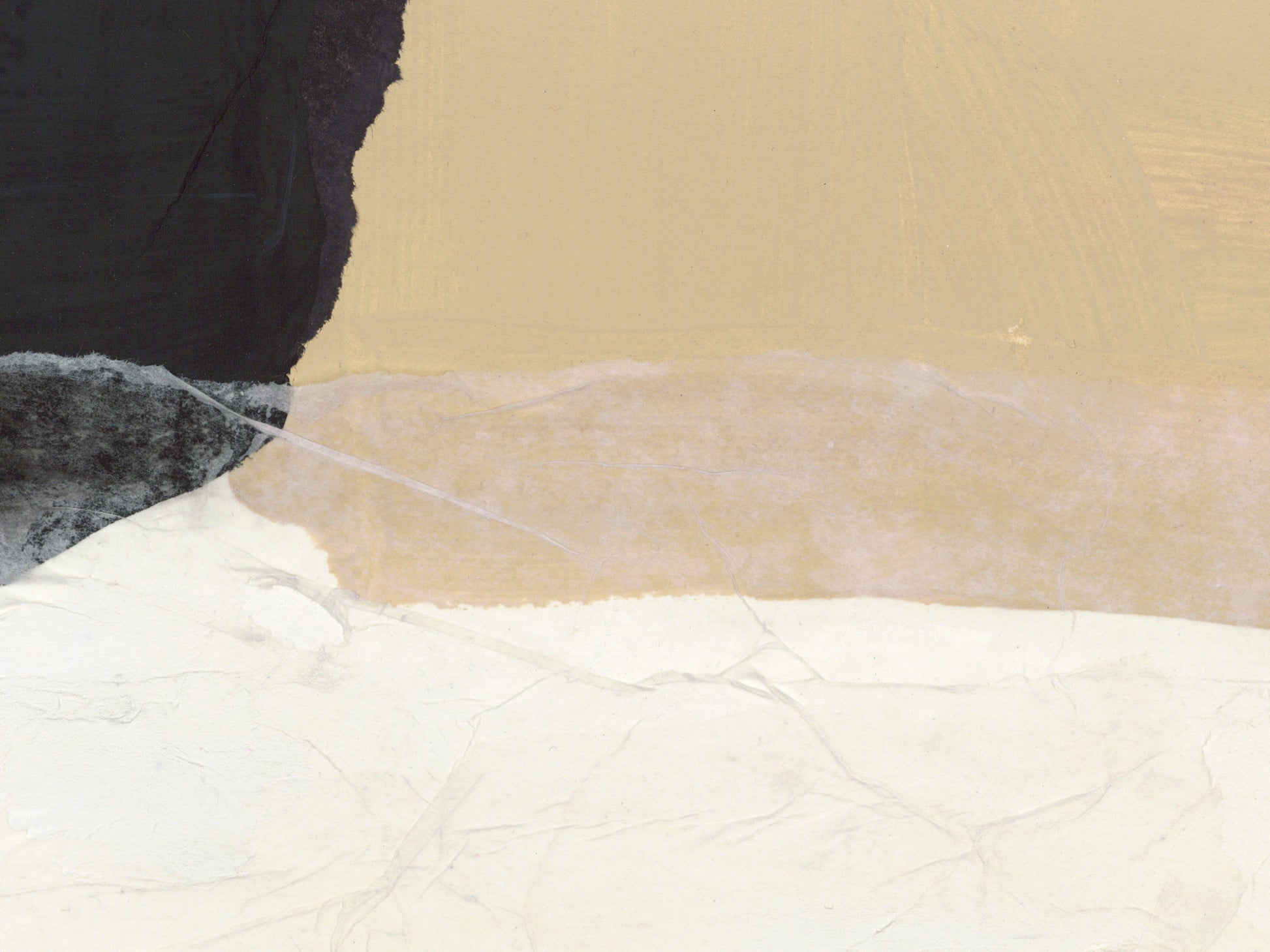 Abstract textured painting with a diagonal split between a dark charcoal black section on the upper left, a warm beige upper-right field, and a cream lower section with visible marble-like veining.