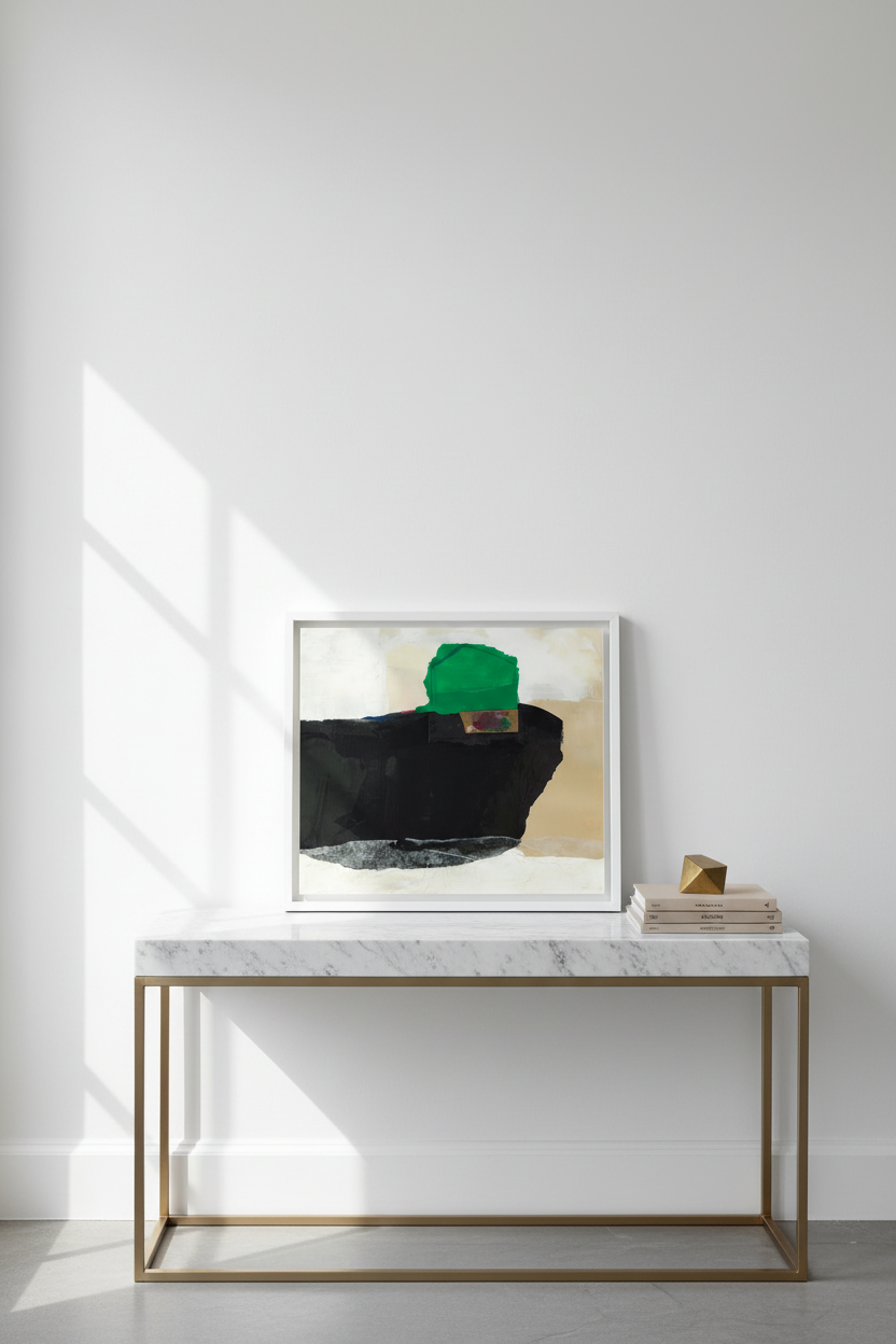 Abstract framed wall art with bold black, green, beige, and gray brushstrokes, displayed on a white marble console table with a gold metal frame in a bright, modern room.