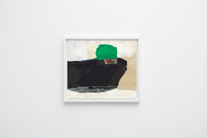 A framed abstract painting hanging on a white wall. The artwork features a large black shape, a green block at the top, beige background areas, and a small red detail, all enclosed in a white frame.